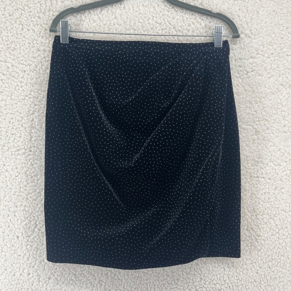 Theory Black Polka Dot Velvet Pleat Wrap Pencil Skirt Size 8 Cotton Lined